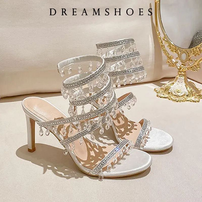 Women\'s New Shimmering Crystals Summer Shoes Tassel Crystal Shoes Sexy Banquet Party Twin Stiletto Women\'s Large Sandals