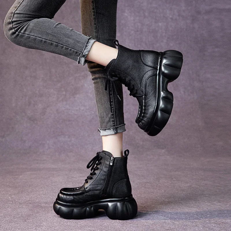 7CM Neue Mode Herbst Frühling Stiefel Mokassins Motorrad Schuhe Natürliche Kuh Echtes Leder Kamin Damen Frauen Ankle Booties