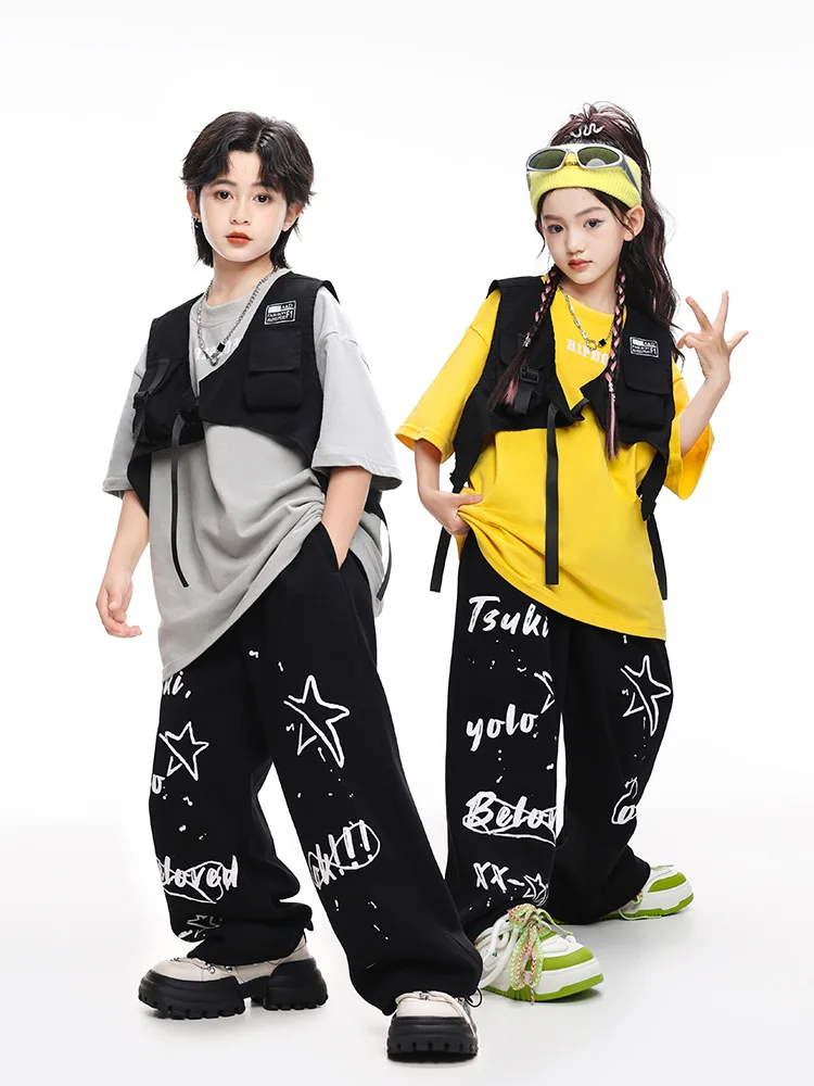 Kid Hip Hop Clothing Yellow Thick T Shirt Black Vest Casual Print Wide Sweat Pants for Girl Boy Jazz Dance Wear Costumes Clothes