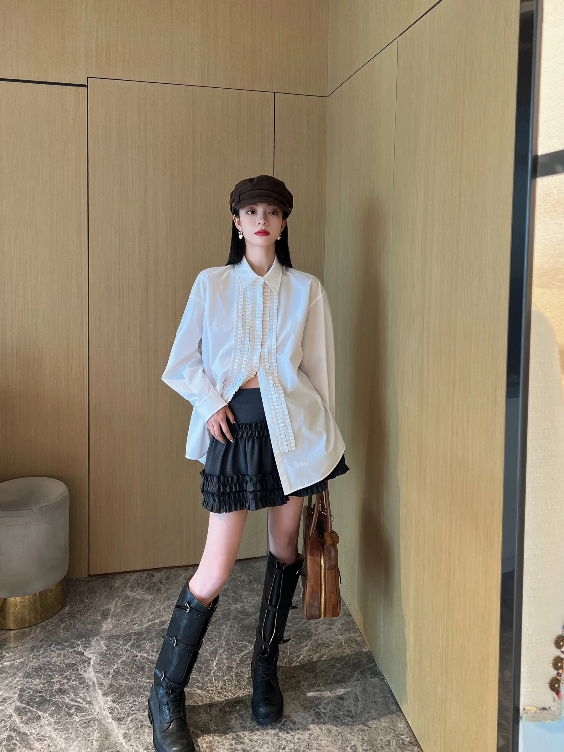 

NancyCavally High-End Soft Premium Cotton Lazy Feel Tu Pleat Draped irt Street Sle Loose Fit Long Sve Button up Wome...