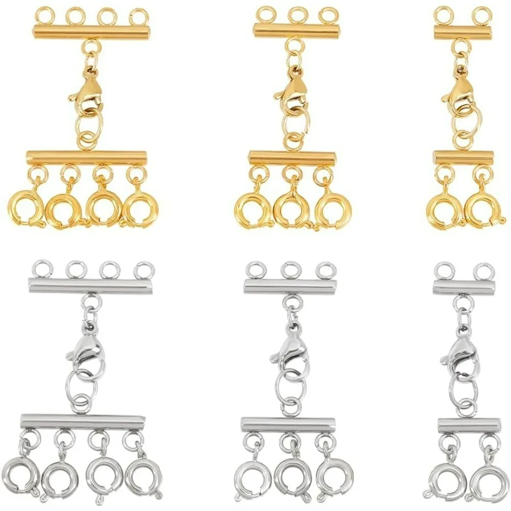 6Pcs 2 Colors 3 Styles Jewelry Clasps Kit Stainless Steel Lobster Claw Clasps Multi-Strand Lock Clasp Necklace Connector