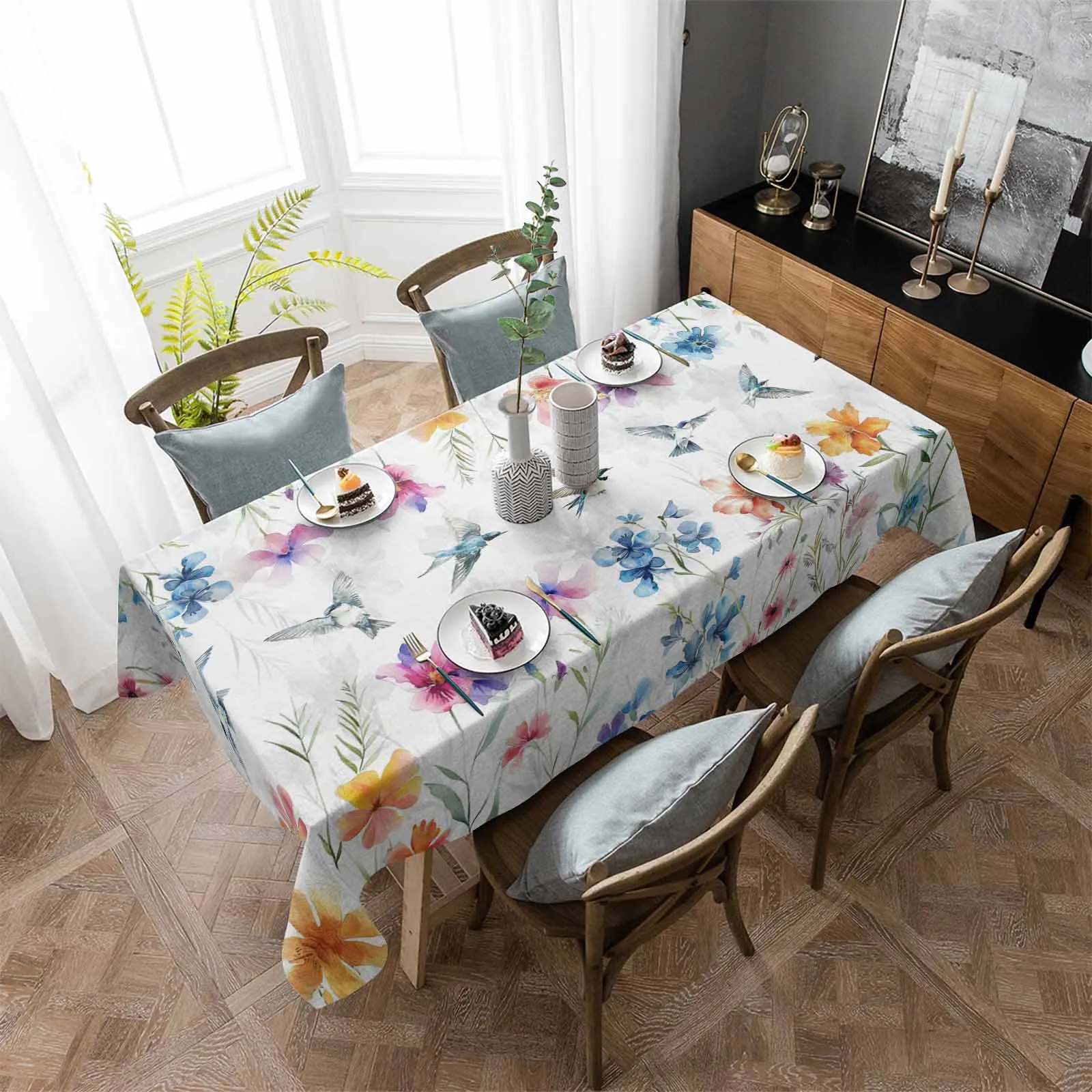 Bird Watercolor Flower Anti-scalding Thickened Waterproof Tablecloth Rectangular Round Table Cover Kitchen Furnishings