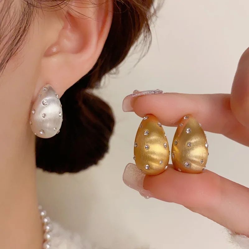 Fashion Brushed Matte Metal Water Drop Zircon Earrings For Women Trendy Chunky Geometric Party Jewelry Popular Accessories