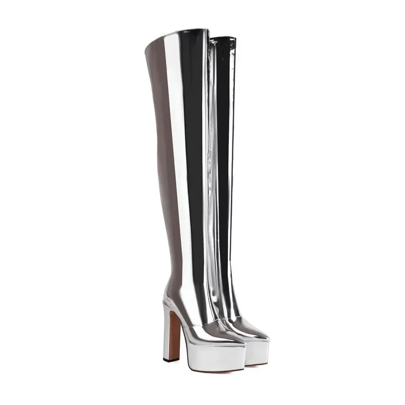Sexy lucido oro argento pelle verniciata spogliarellista Pole Dance tacchi punta a punta piattaforma sopra le ginocchia donne stivali elasticizzati