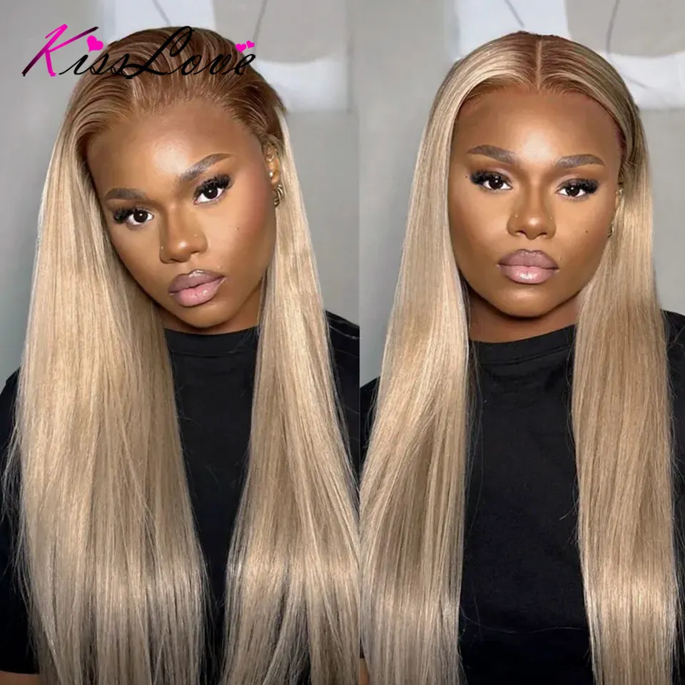 Ash Blonde Dark/Brown Root Straight 13x6 HD Full Lace Frontal Wig Human Hair Pre-Plucked 13x4 HD Full Lace Front Human Hair Wigs