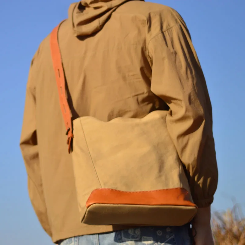 AETOO Vintage cowhide spliced canvas Tote bag large capacity simple casual shoulder men's bag