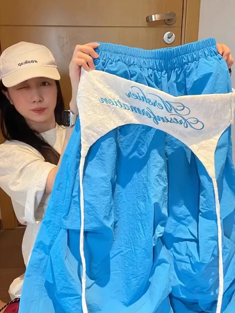 

Retro American Embroidered Letter Design High Waist Wide Leg Paratrooper Pants Women Summer Long Skirted Trousers Trendy