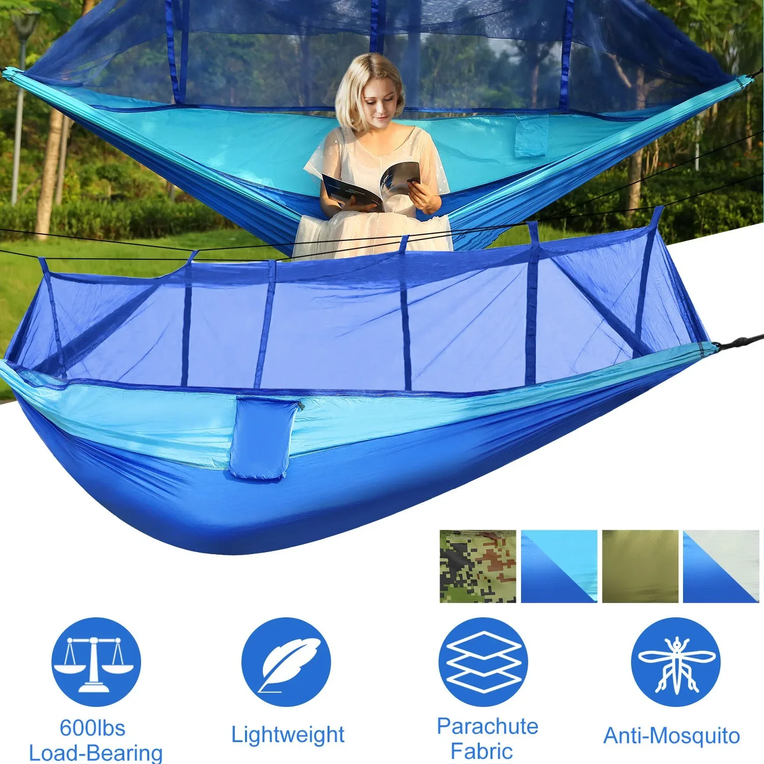 

Camping Hammock, Portable Double Hammock with Net,Mosquito Net Outdoor Hiking Camping Hommock Portable Nylon Swing Hanging Bed