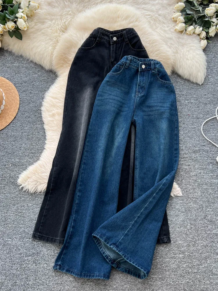 Jeans Retro Americanos de Cintura Alta con Efecto Desgastado para Mujer, Plones Anchos Casus de Pierna Ancha, Moda Oto...