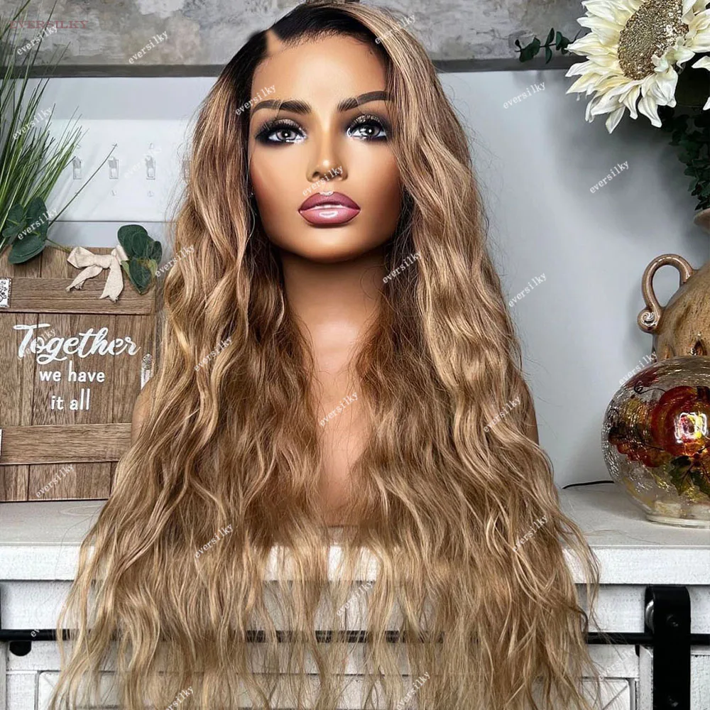 

Ombre Honey Golden Blonde Loose Curly V Part Wig Remy 100% Human Hair Glueless Water Wavye Highlight Chestnut Brown U Shape Wigs