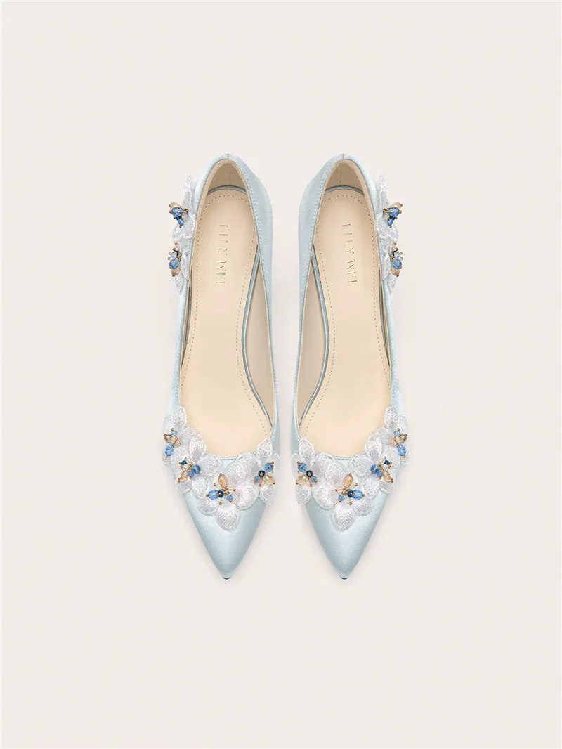 Spring new pointed lace flower rhinestone bead silk single shoe banquet large size small size widened high heels women's shoes