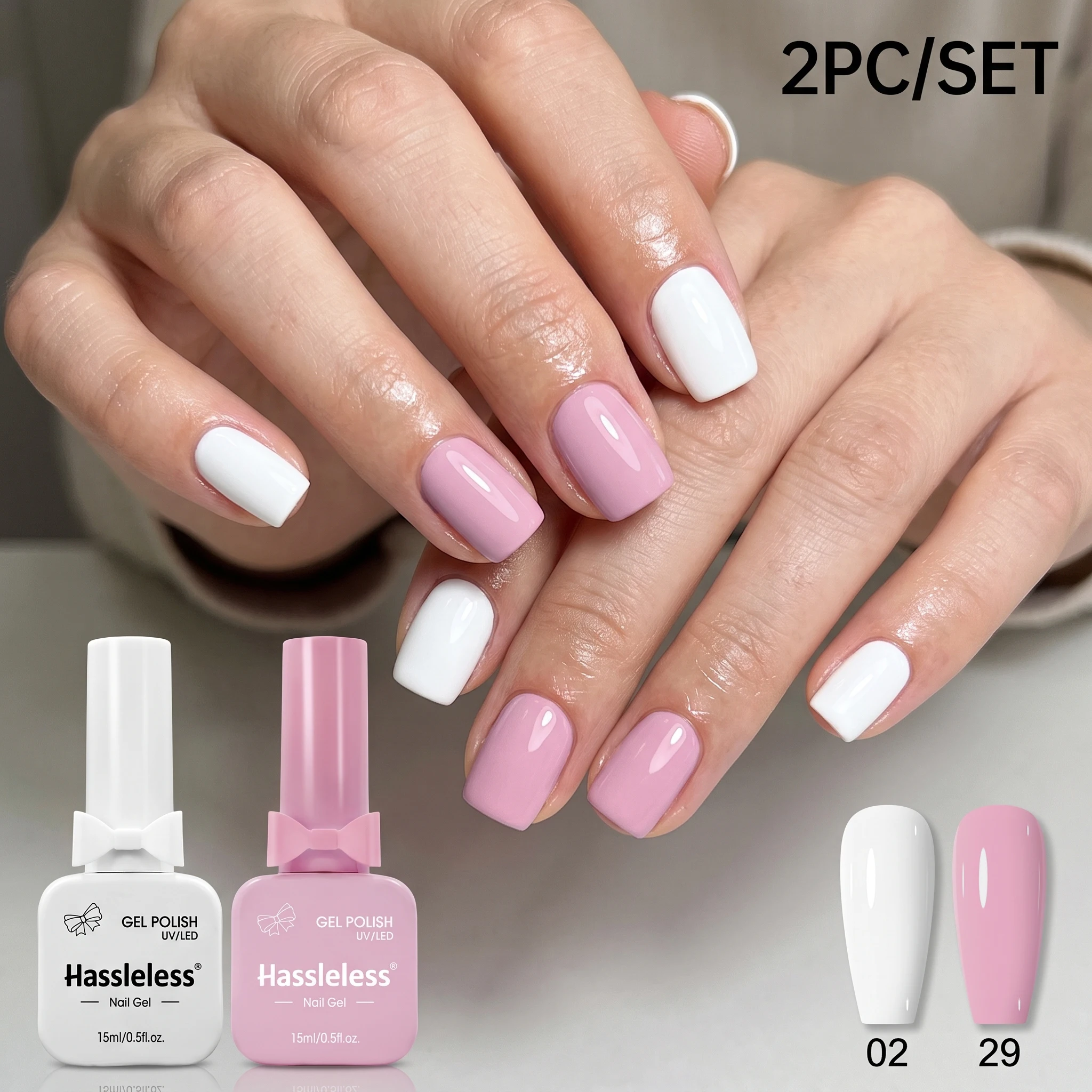 Hassleless 2-Pack Pure White Cherry Blossom Light Pink Nail Polish Gel Set, Smooth and Full Color Application, Mirror-Like High Gloss, Fresh and Gentle Color Scheme, Versatile Styles