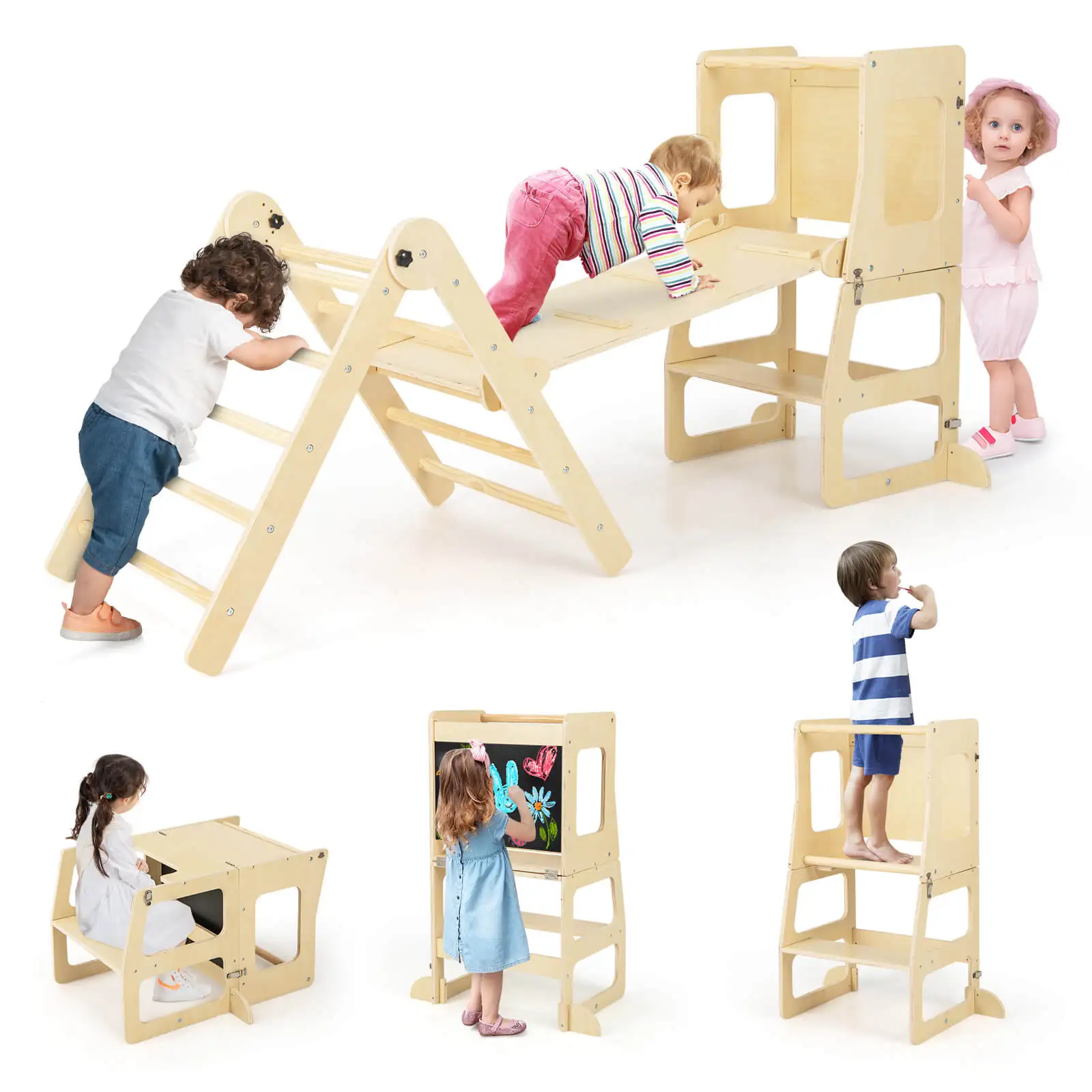 7-in-1 Toddler Climbing Toy Set w/ Reversible Ramp Convertible Step Stool