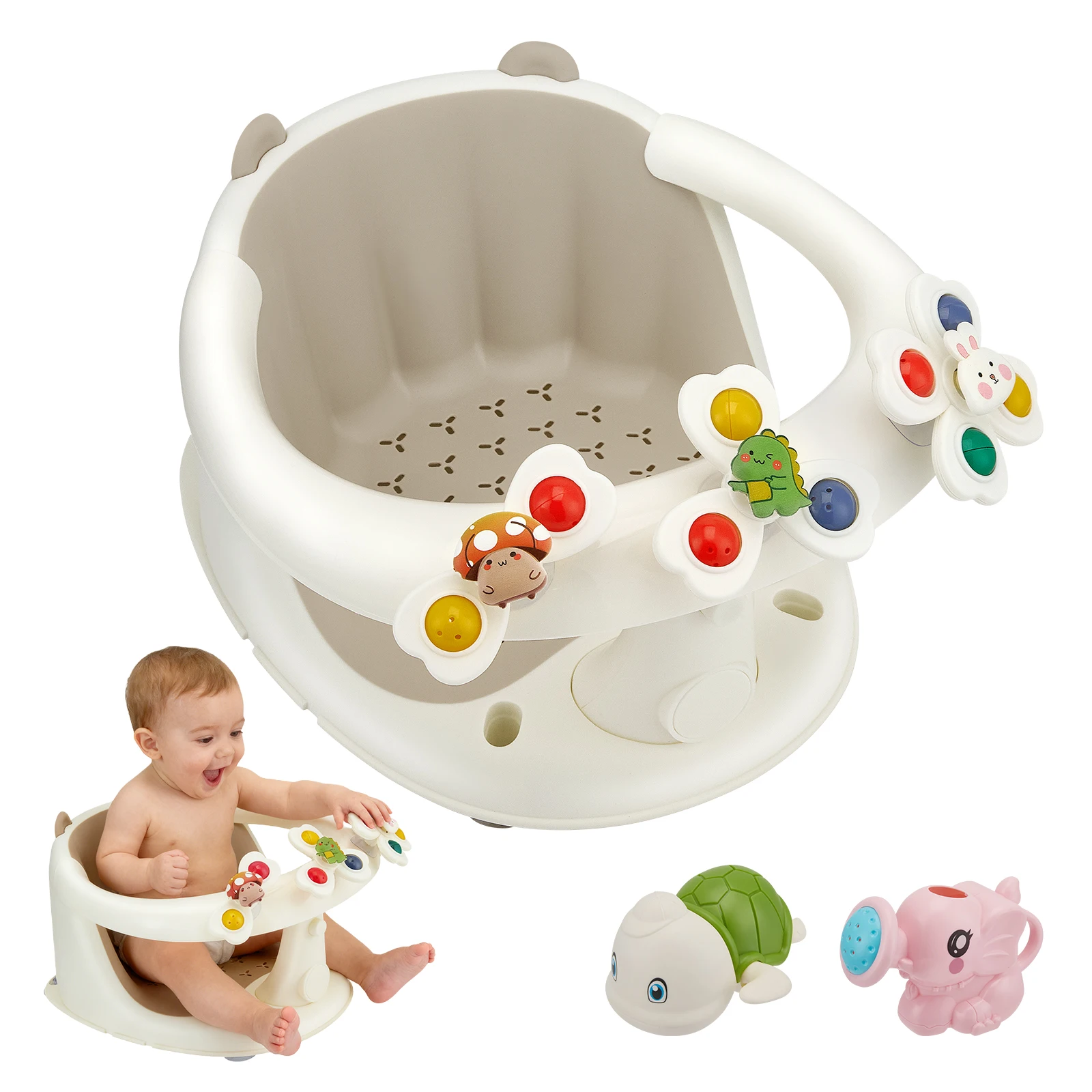 2-in-1 Baby-Badesitz mit Spielzeug, ergonomischer Badesitz, rutschfest, mit drehbarem Sprinkler-Spielzeug für Kleinkinder ab 6 Monaten