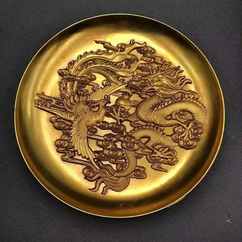 Antique copper plate, dragon and phoenix plate, large gilded plate, rural collectible, vintage item, home craft ornament