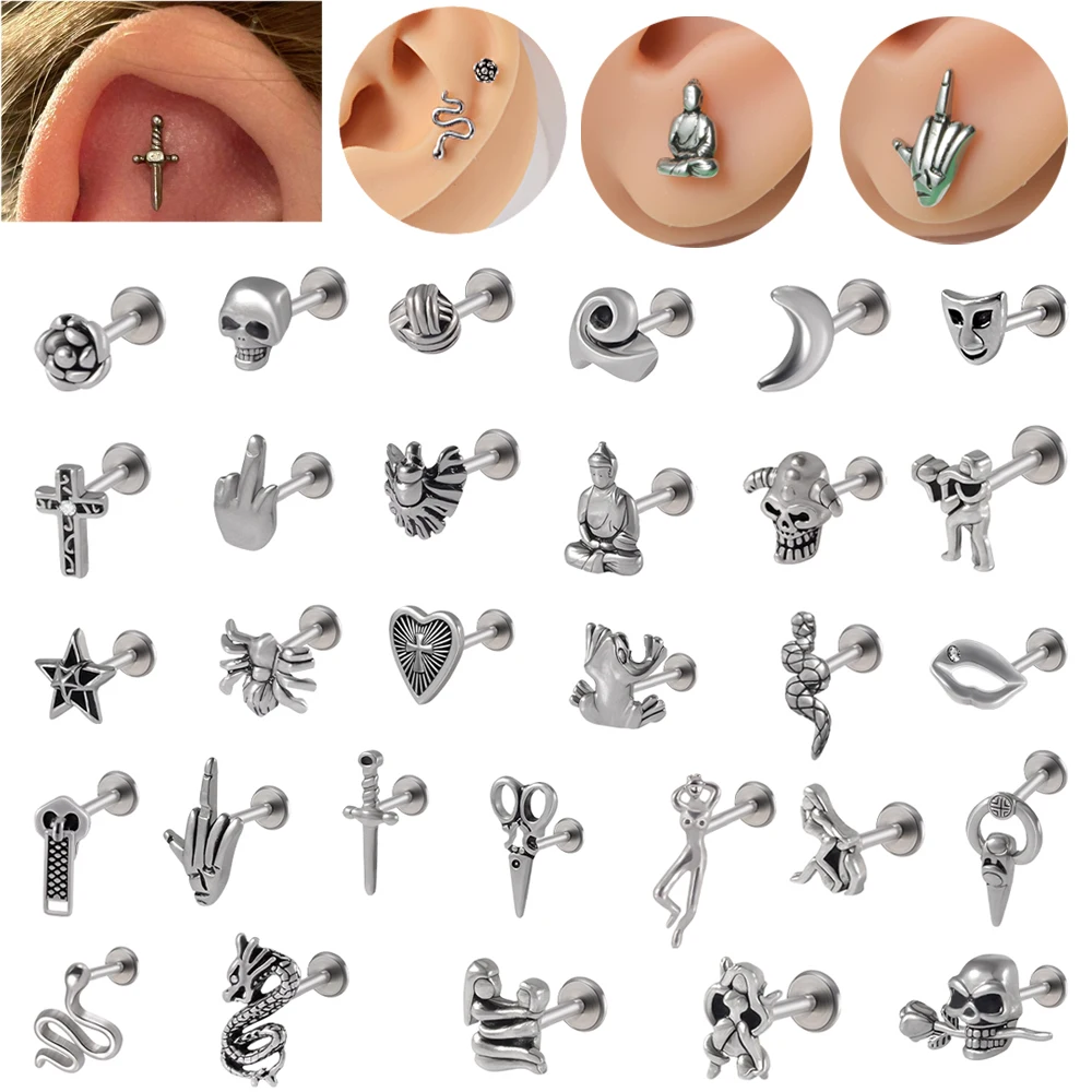 1/5PCS Many Different Style Animal Cross Sword Skull Moon Heart Star Labret Lip Stud Internal Thread Helix Cartilage Tragus Stud