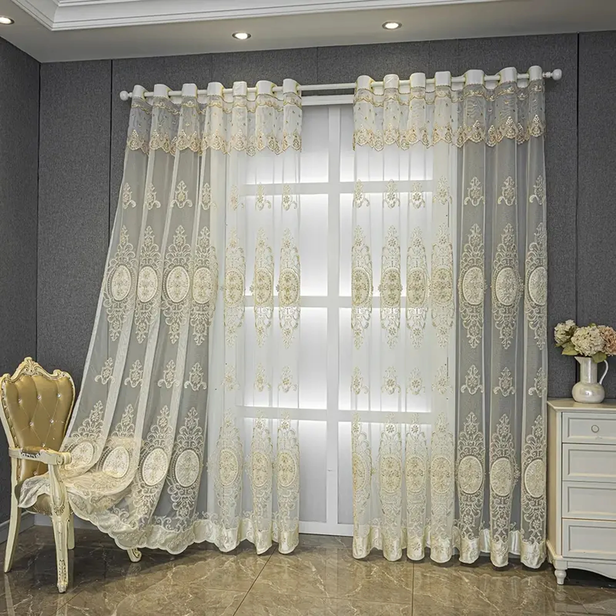 1pc luxe geperforeerd Europese stijl high-end geborduurd kralen doorschijnend gordijn, elegant ontwerp voor woonkamer, slaapkamer