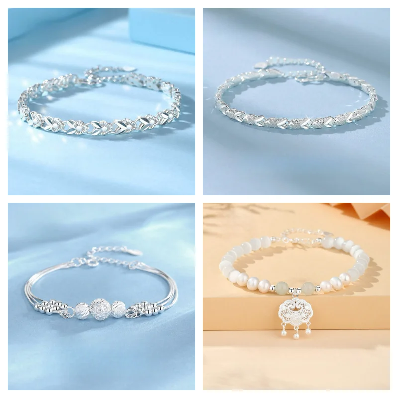 

s999Pure Silver Safety Lock Bracelet Female Opal Freshwater Pearl Accessories New Chinese Style Light Luxury High Sense Ornament