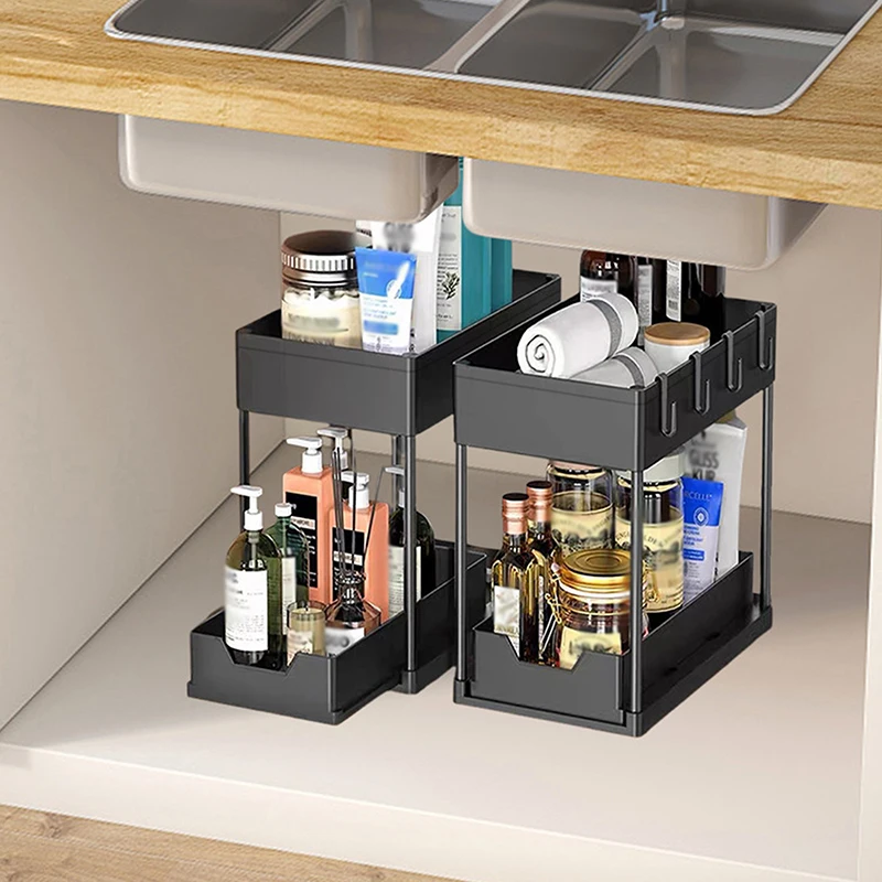 

2 Tiers Under Sink Organizer Sliding Cabinet Basket Organizer Storage Rack With Hooks Hanging Cup Bathroom Kitchen Organizer