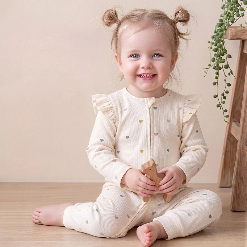 0-24M Cotton Baby Romper Newborn Kid Baby Girl Clothes Long Sleeve Heart Print Jumpsuit Zipper Romper Autumn Winter Outfit