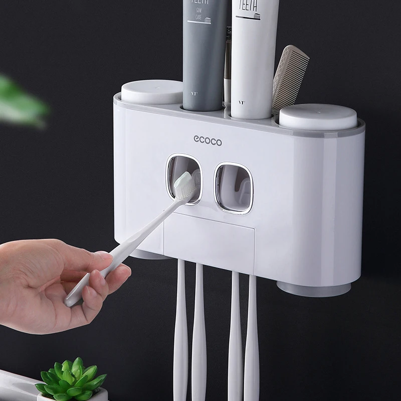 Automatic Toothpaste Dispenser Bathroom Accessories Set Toothbrush Holder Set with 4 Cups Toothpaste Squeezer Toothbrush Storage