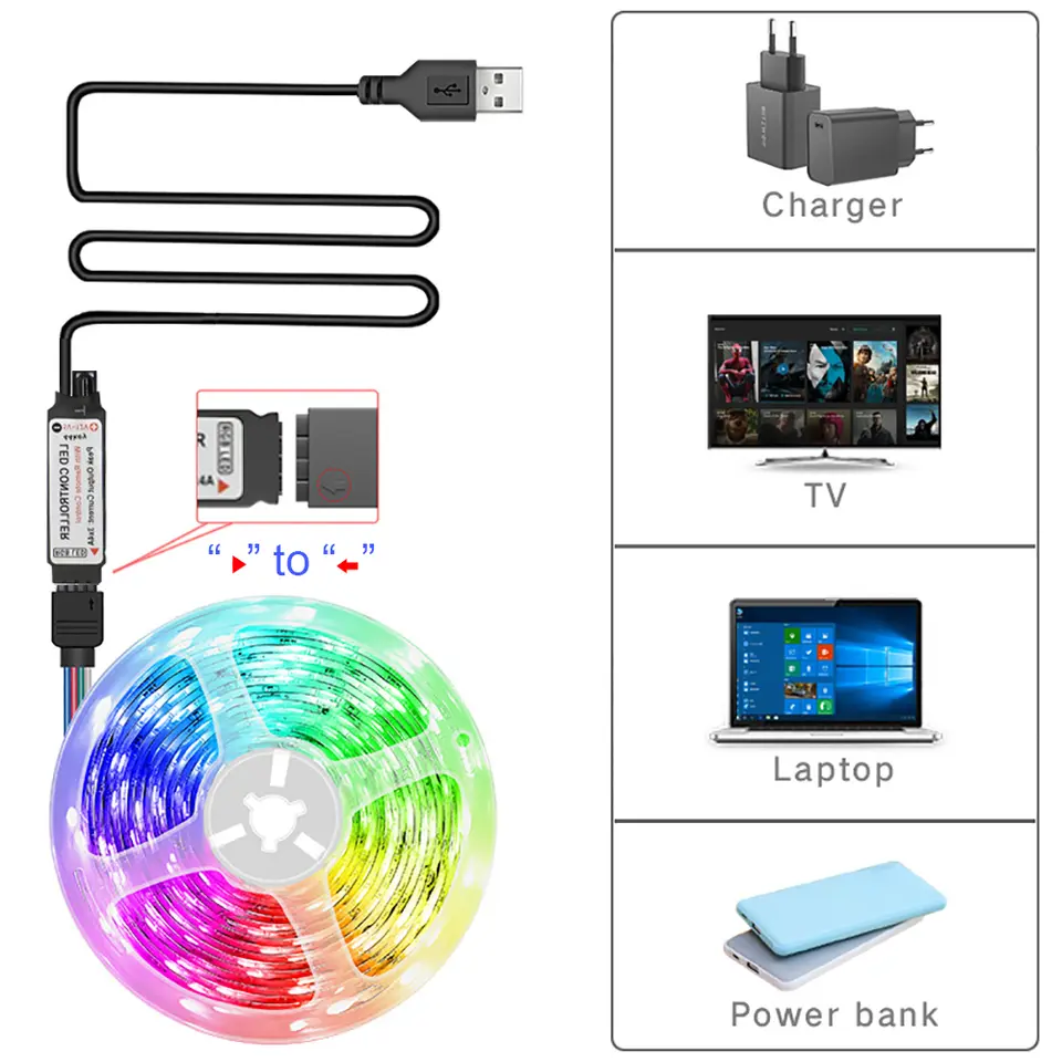 أضواء LED شريطية RGB مع جهاز تحكم عن بعد إضاءة غرفة LED تعمل عبر منفذ USB شريط مرن لزينة الغرف إضاءة خلفية للتلفزيون شريط ثنائي - 5