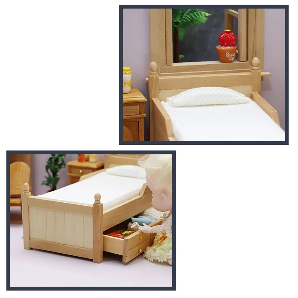 1/12 Domek dla lalek Miniaturowe drewniane łóżko z szufladą Mini meble Model zabawka do domku dla lalek Akcesoria dekoracyjne ob11 bjd