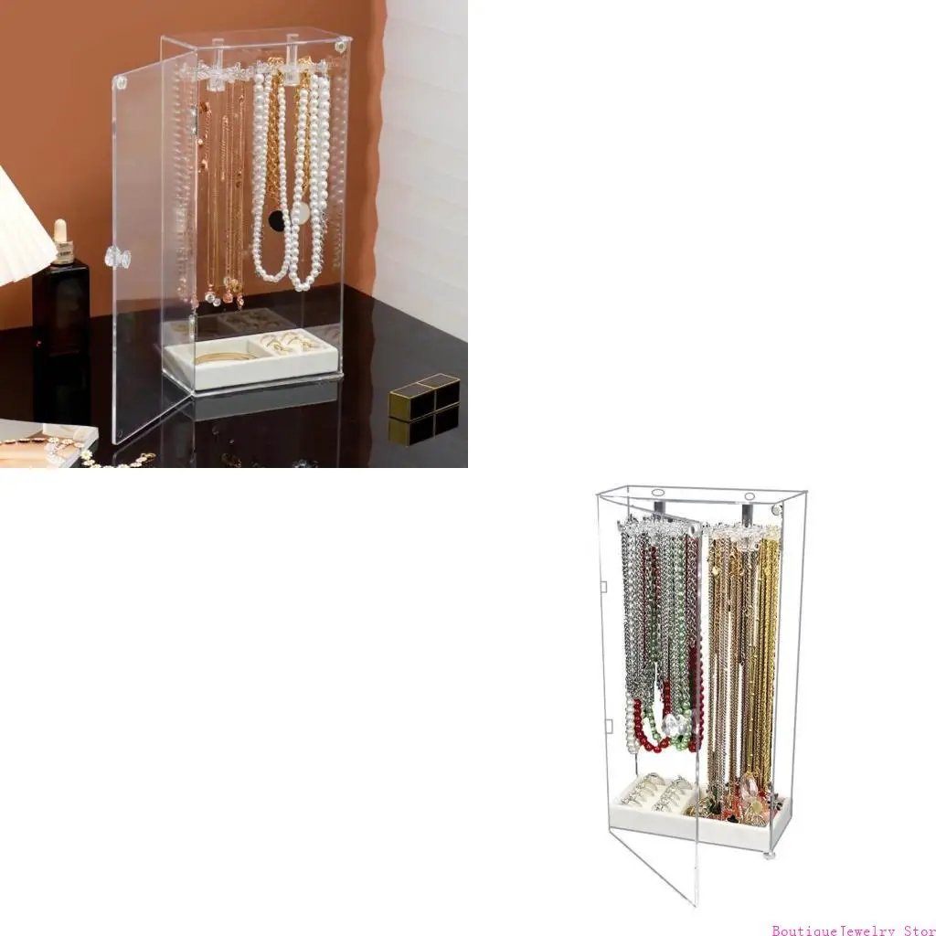 

E1PE Bracelet Necklace Display Stand Clear Acrylic Hanging Jewelry Holder Dustproof Jewelry Desktop Storage Box