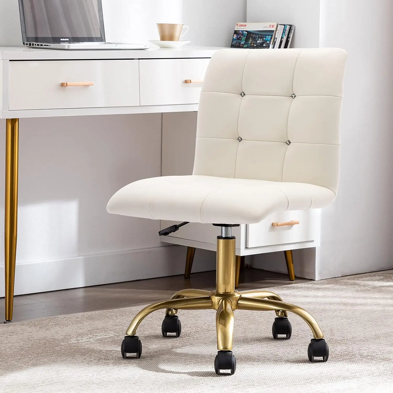 Modern White Vanity Chair with Wheels Button Tufted Design,Rolling Desk Chair Home Bedroom Living Room Office Elegant PU Leather