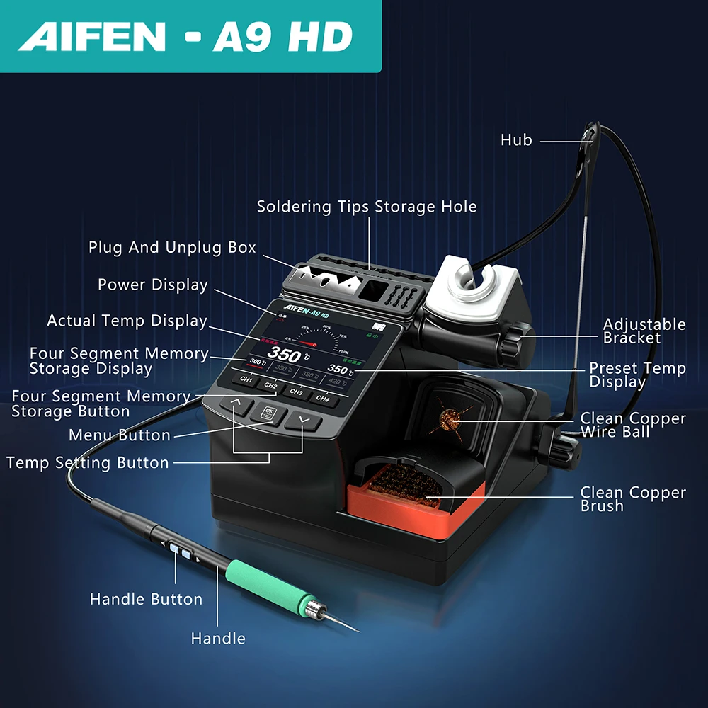 محطة لحام حديد AIFEN A9HD 180 وات مثالية للحام الإلكتروني مع محطة لحام بمقبض حديد لحام C210 C245