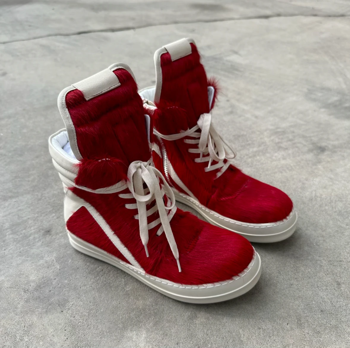 R-o Brand Men Shoe Red Horse Hair High top Casual Shoes Women Sneakers Red Horsehair Boots Lace Up Sneaker Zipper Ankle Boot