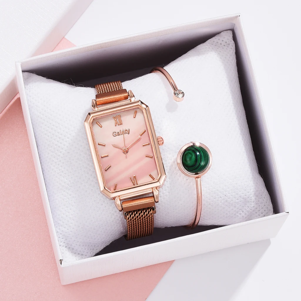 2 pz/set orologi da donna Fashion Square Ladies orologio al quarzo bracciale Set quadrante verde semplice orologio da donna in oro rosa con maglie di lusso