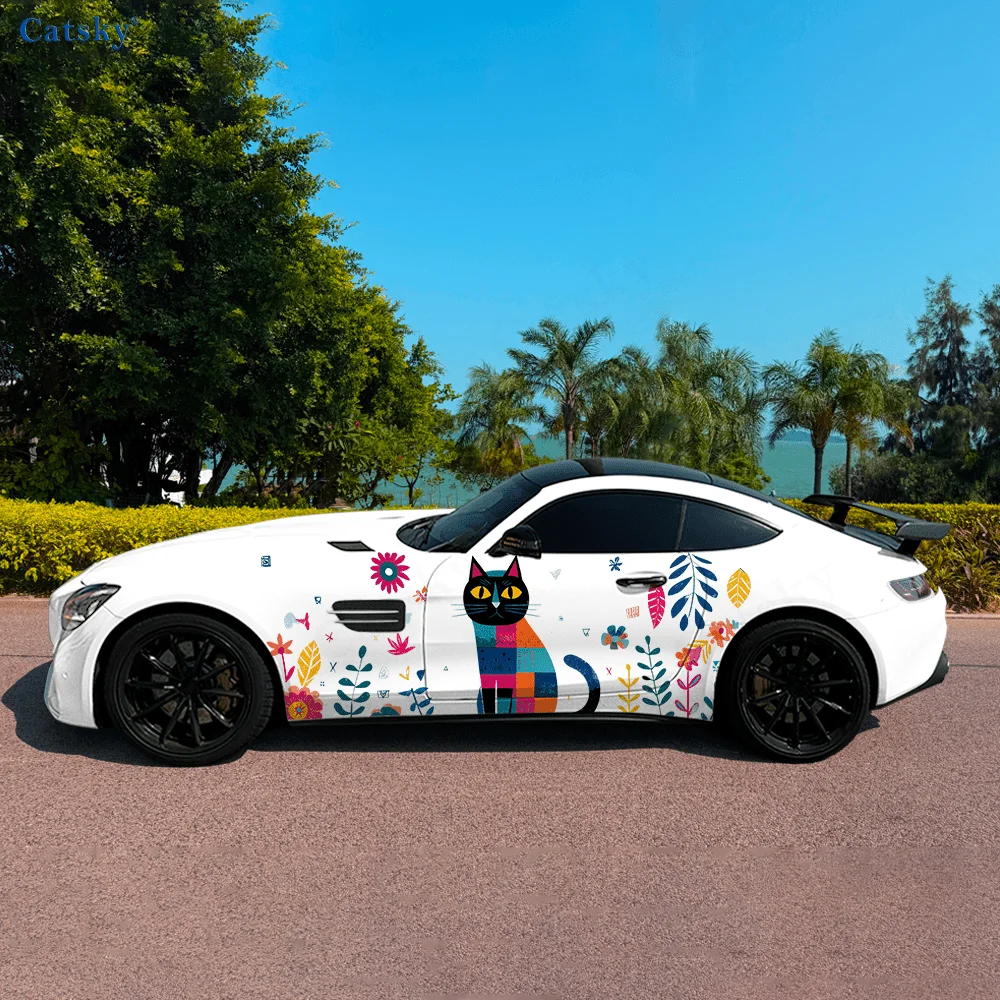 

Cute Black Cat Colorful Car Vinyl Wraps Decal Self-adhesive PVC Sticker Suitable for Trucks SUV Decoration Auto Accessories Gift