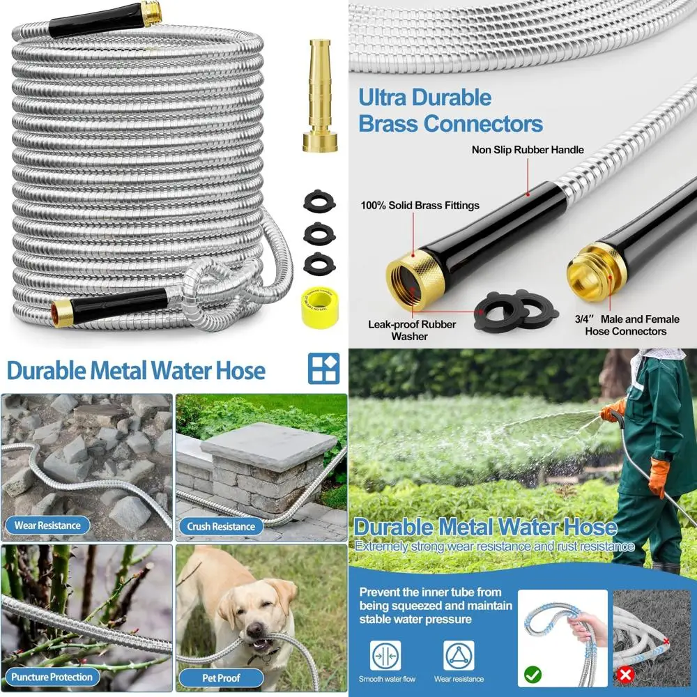 

Heavy-Duty 304 Stainless Steel Garden Hose - 100 ft Flexible Water Hose with 3/4 Inch Solid Brass Connections for Outdoor Use