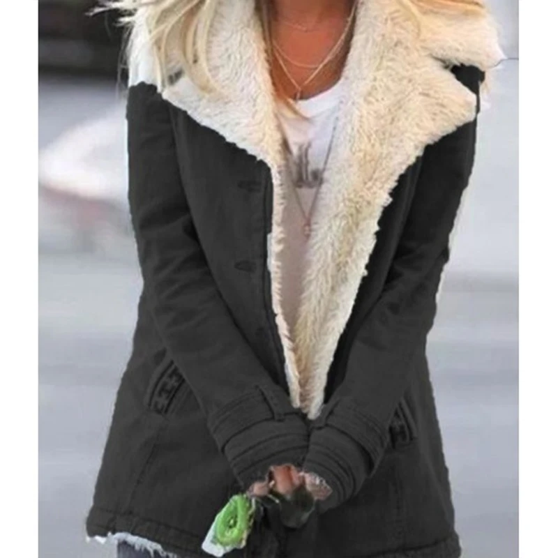 New autumn and winter women's fashionable denim jacket thickened lamb wool warm women's jacket thickened lapel denim jacket