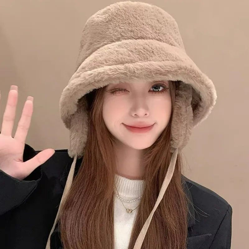 Imitation Mink Hair Cap Thicken Plush Ear Protection Winter Oversized Outdoor Warm Fluffy Bucket Lace-up Women Fisherman Hats