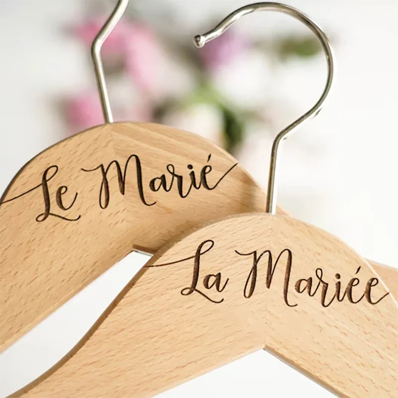 

French La Mariée Le Marié wooden Hanger set of 2 Bride dress Groom Suit Newlywed couple rustic Wedding Bridal Shower Mr Mrs gift