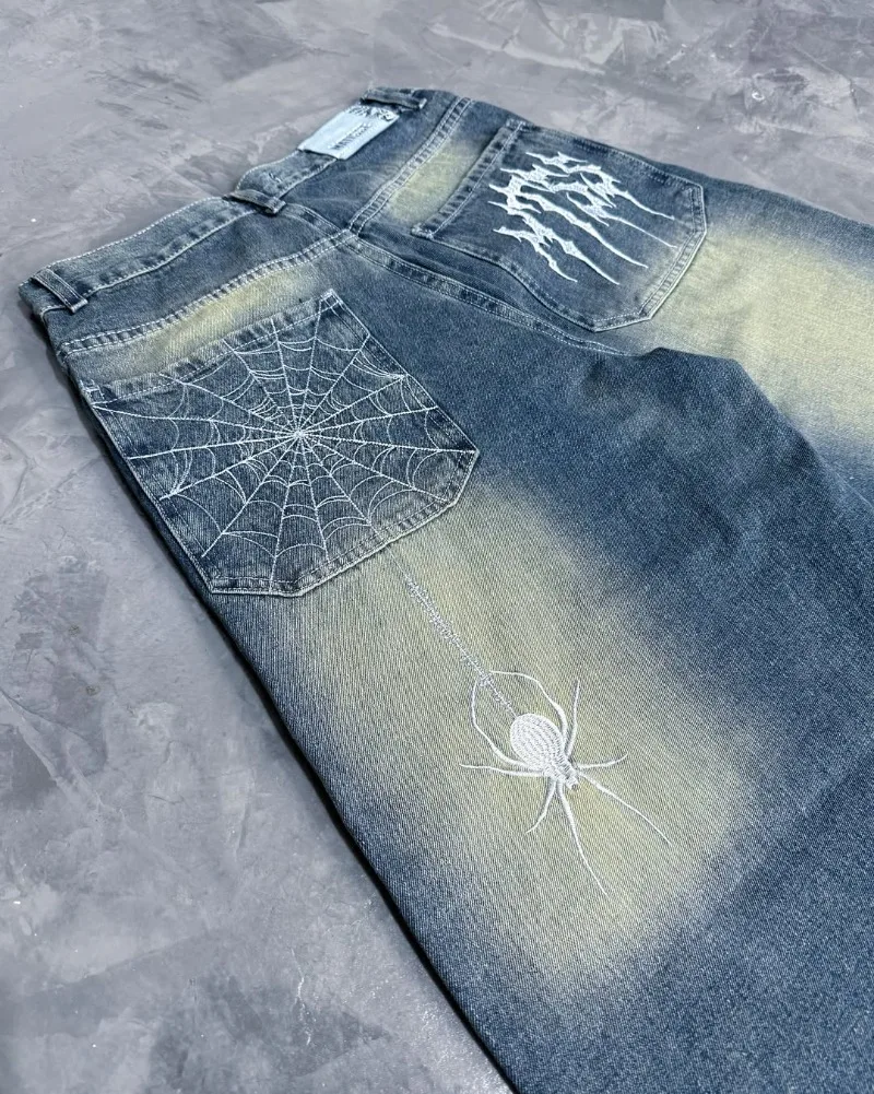 Harajuku Gothic Y2K تصميم نمط المرح الرجال الجينز العصرية الرجعية المألوف تنوعا واسعة الساق السراويل روك الشرير شارع العليا السراويل