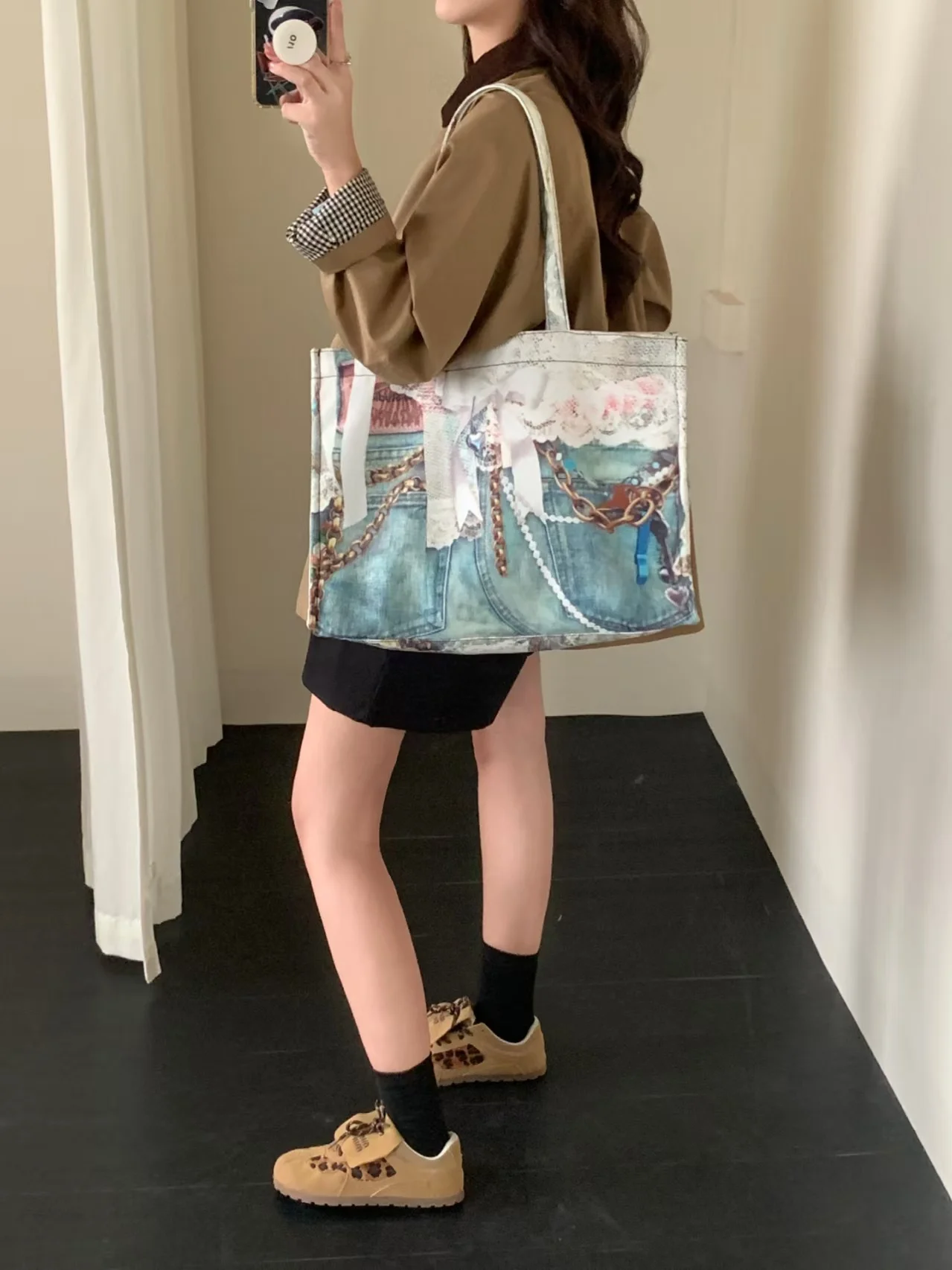 

FIRMRANCH модная кружевная цепочка с принтом, горизонтальная квадратная большая вместительная сумка-тоут на одно плечо для девочек, сумка для покупок, сумка для книг