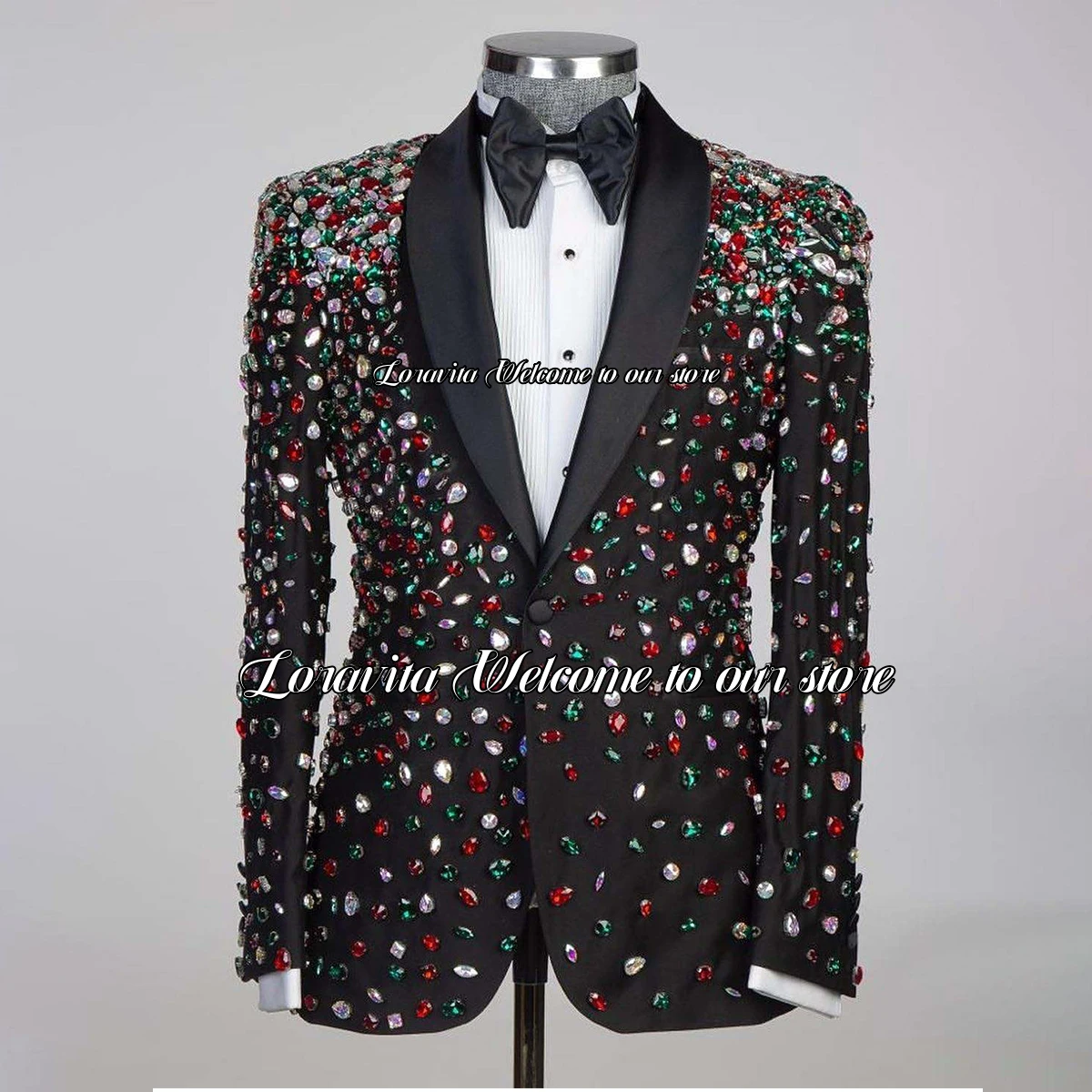 Sparkly Gem Beads Men Suits Shawl Lapel Formal Groom Wedding Tuxedos Slim Fit Male Prom Party Blazers 2 Pieces Set Custome Homme