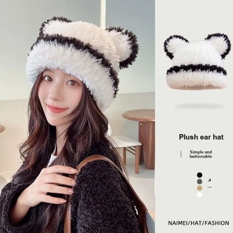 Cold Resistant Hearing Protection Women Cute Bear Fuzzy Protective Knit Hat Autumn Winter Warm Earflap Full Wrap Hat
