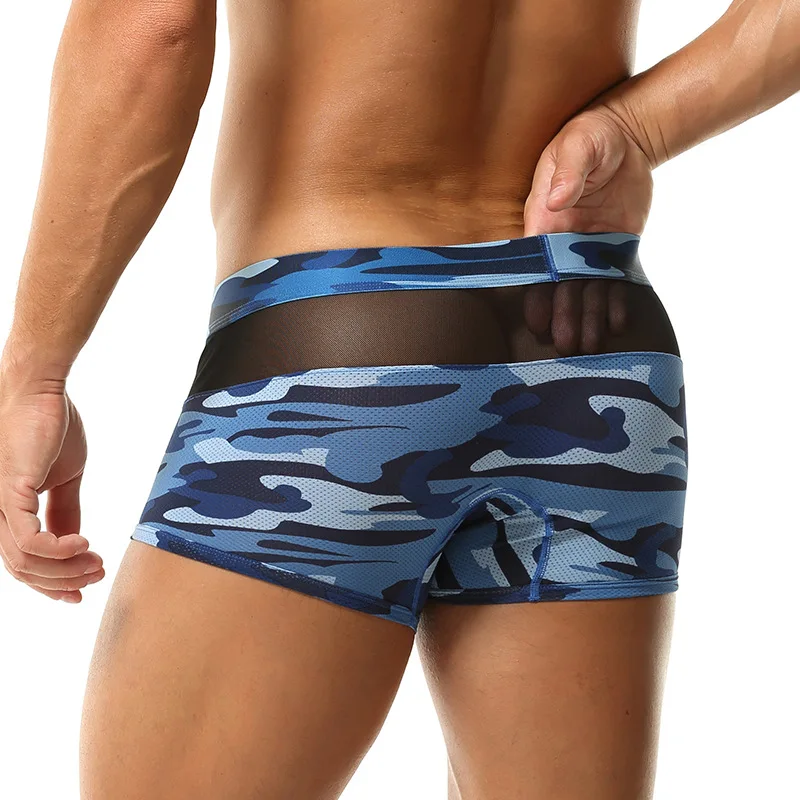 2025 Men's Sexy Underwear Mesh Transparent Camouflage Panties High Elastic Breathable Underpants U Convex Pouch Lingerie Trunks