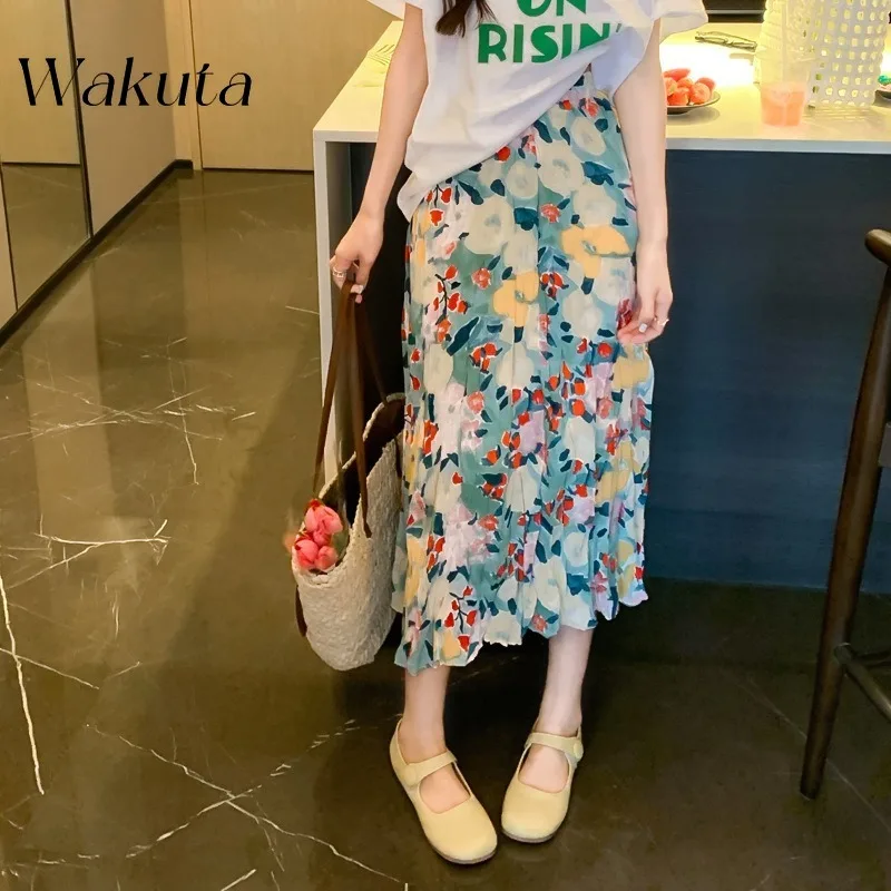 WAKUTA 2024 Summer Korean Retro High Waist Slimming Robe Classic Floral Ins Folded Dresses Beach Party Y2k Skirt 니트 스커트