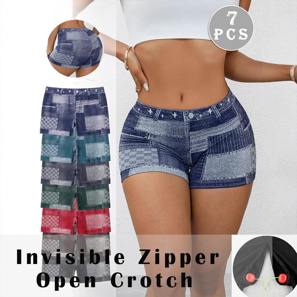 

Invisible Zipper Open Crotch Sexy Denim Print Shorts Summer Fitness Plus Size Sports High Waist Bottoms