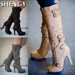 Women Super High Heel Boots Winter Fashion Buckle Strap Zipper Knee High Boots Platform Females Shoes Ladies Long Boots Botas