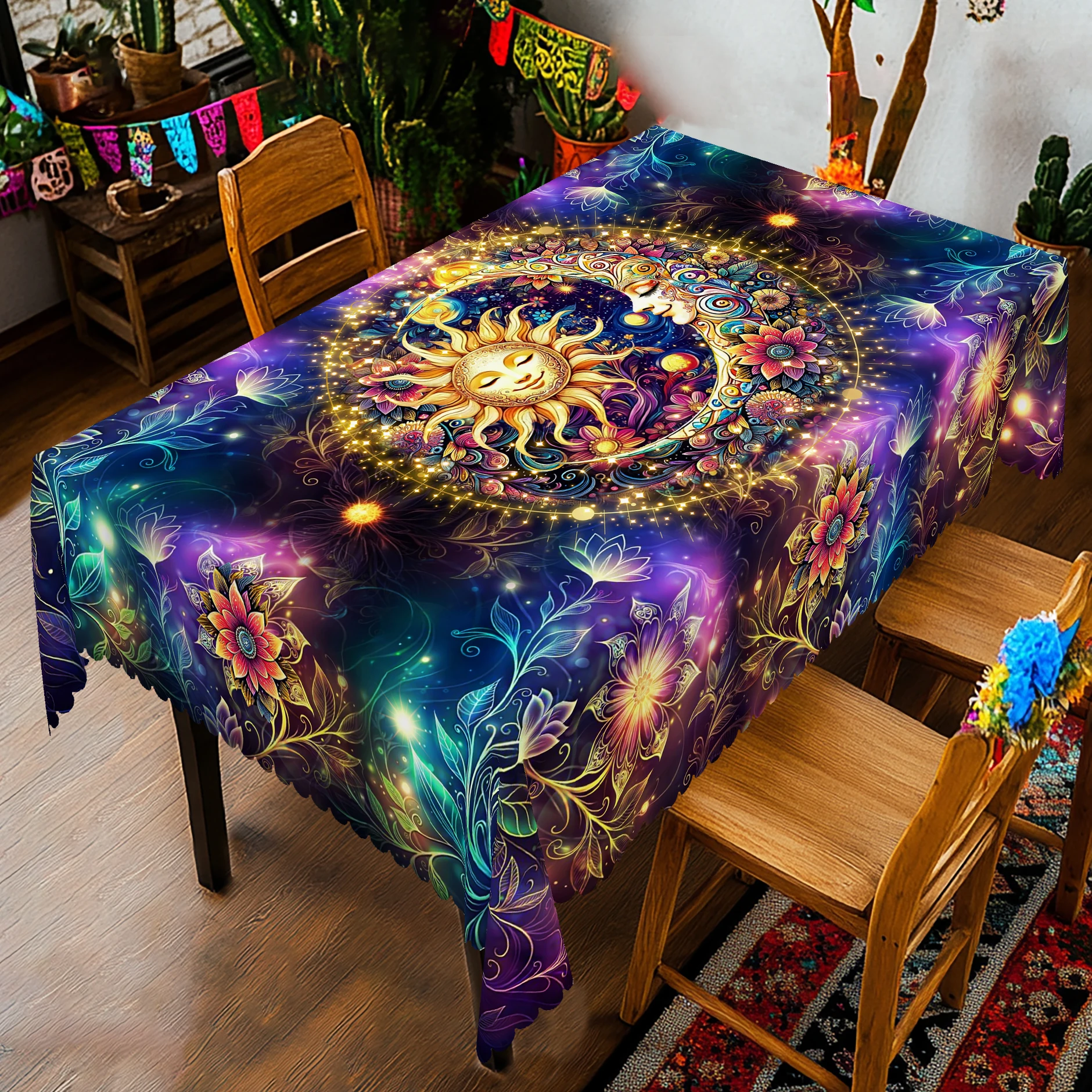 Mantel decorativo con tema de tarot de 1 pieza, mantel estampado con patrón de energía de elemento misterioso de sol, luna y flor, decoración de mantel de juego ocupado, proceso de grabado de borde, adecuado para decoración diaria de fiesta, ocupar el mae
