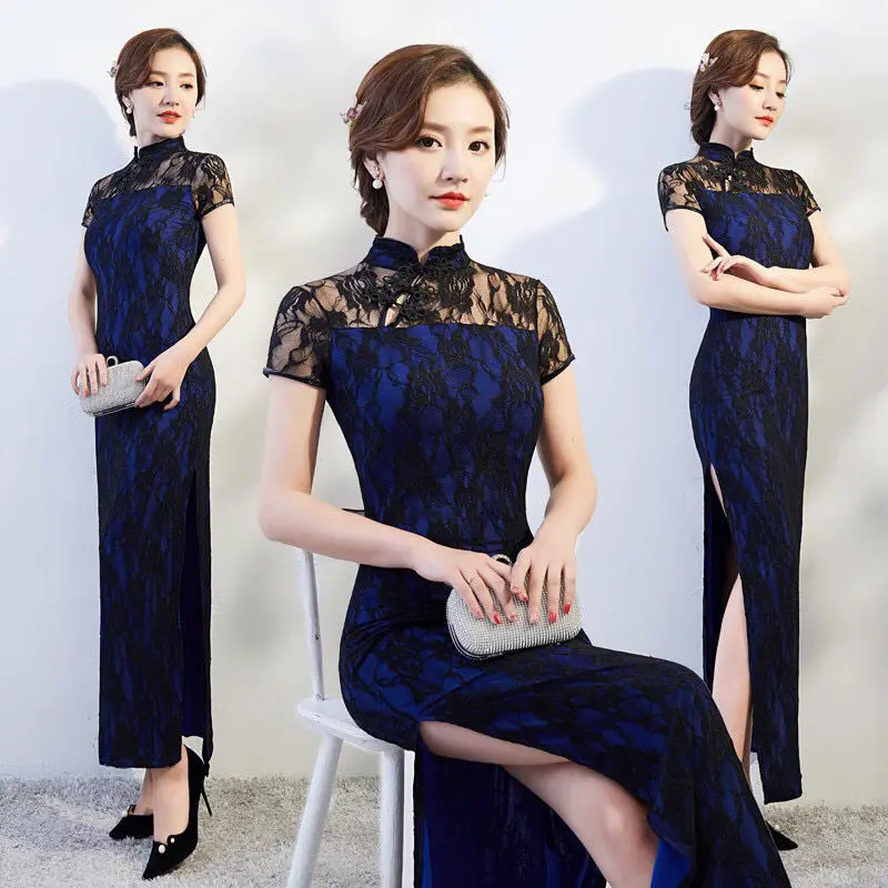 

Women Black Blue Long Cheongsam Lace Vintage Mother Dress Slim Traditional Show Evening Dresses Plus Size Qipao S2200