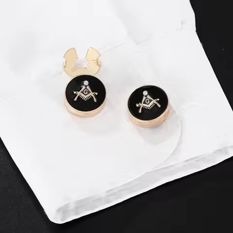 2 Pcs Funny Freemason Emblem Design Button Cover Clasp Masonic Symbols Pattern Golden Mens Cufflinks