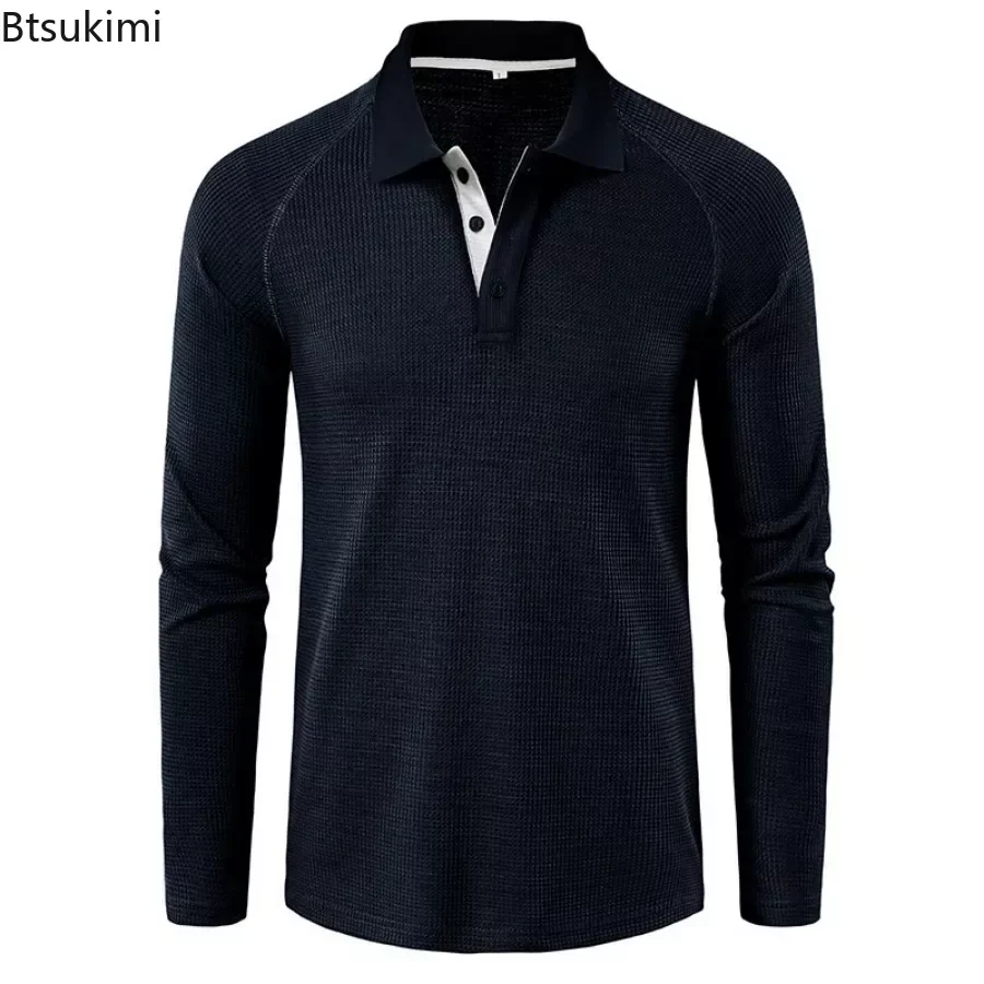 Polo de manga larga para hombre, camisetas informales de gofres, camisetas formales de Golf de negocios, Tops transpirables, camisetas versátiles sólidas para hombre, 2024