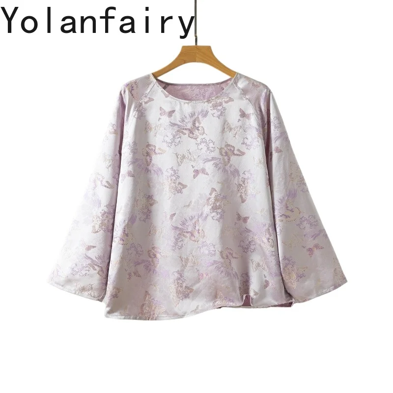 

YOLANFAIRY Luxury 100% Real Mulberry Silk Shirt Woman Elegant Blouse Jacquard Satin Ladies Top O-neck Loose Shirts and Blouses